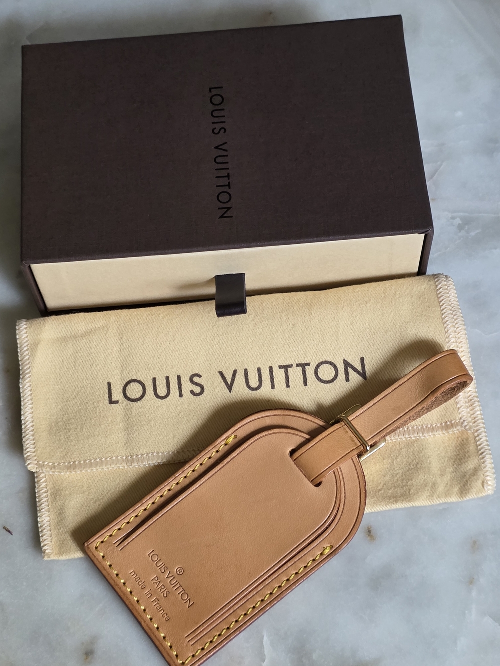 Authentic Louis Vuitton Large Tan Leather Luggage Tag W/ Box & Dustbag